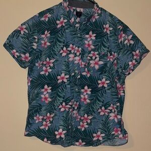 J Crew Tropical Green and Pink Floral Button Down Shirt, XL